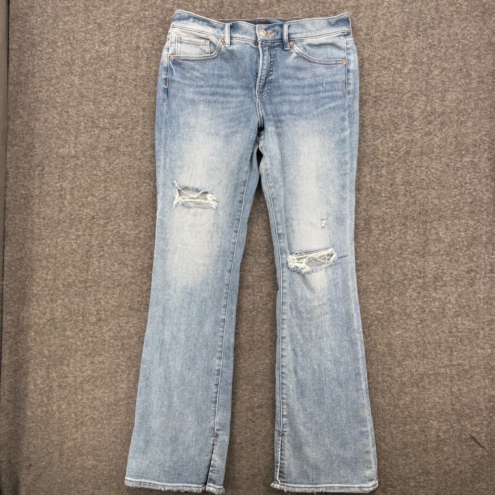 Express Skyscraper Mid Rise Flare Jeans Light Wash Distressed 8R Womens